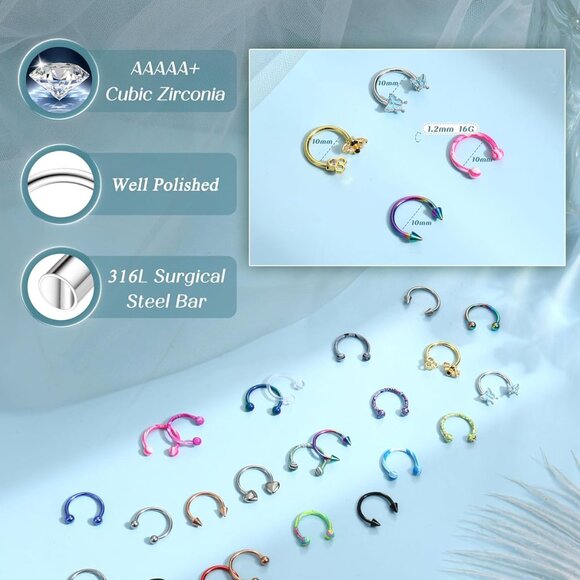 24 pcs Hypoallergenic Stainless Steel Septum and Cartilage Nose Rings Set with C - Picture 3 of 8